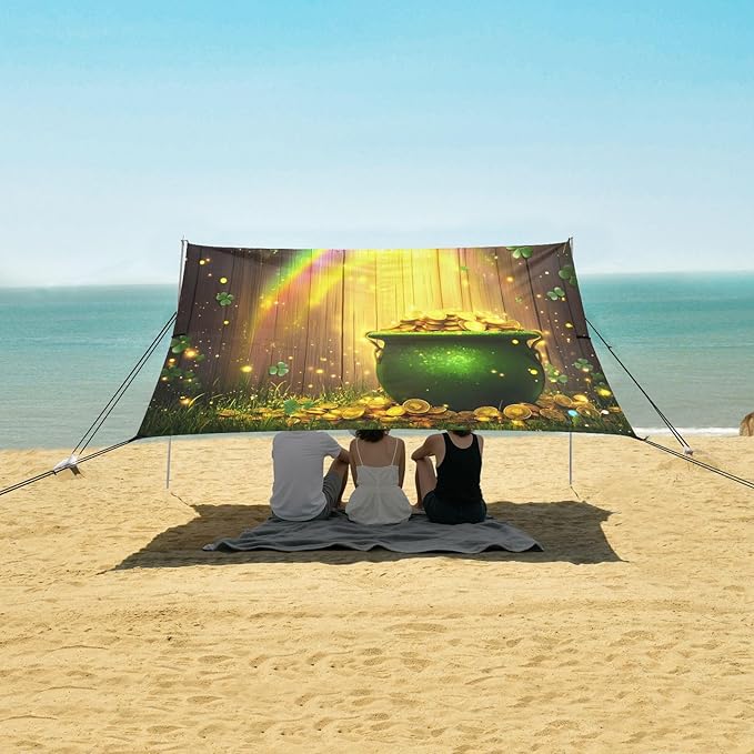 xigua St. Patrick's Day Beach Tent Sun Shelter with Carrying Bag - Silver Coated Oxford Fabric Beach Canopy for Beach Camping Fishing - Includes Windproof Ropes Sandbags &amp Stakes