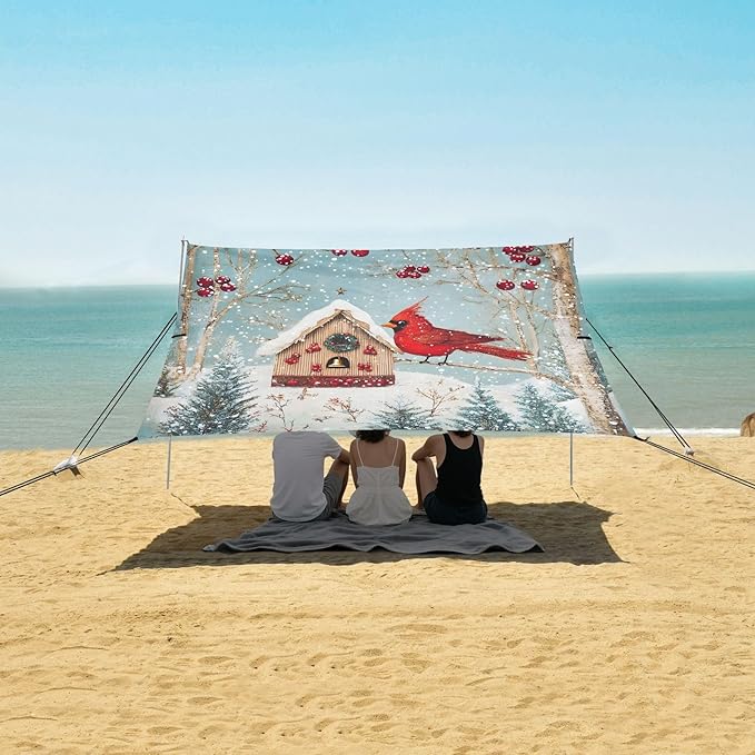 ALAZA Christmas Cardinal Bird Beach Tent Sun Shelter UPF50+ Protection Beach Shade Canopy w/ 4 Sandbags for Outdoor Camping Fishing Backyard Fun Picnic 10x9 ft