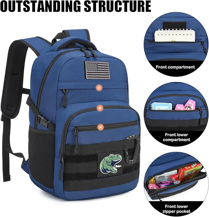 Kids Tactical Backpack Army Molle Bookbag Military Boys Backpack for School Outdoor Camping (Includes 2 Patches+1Carabiner) Blue