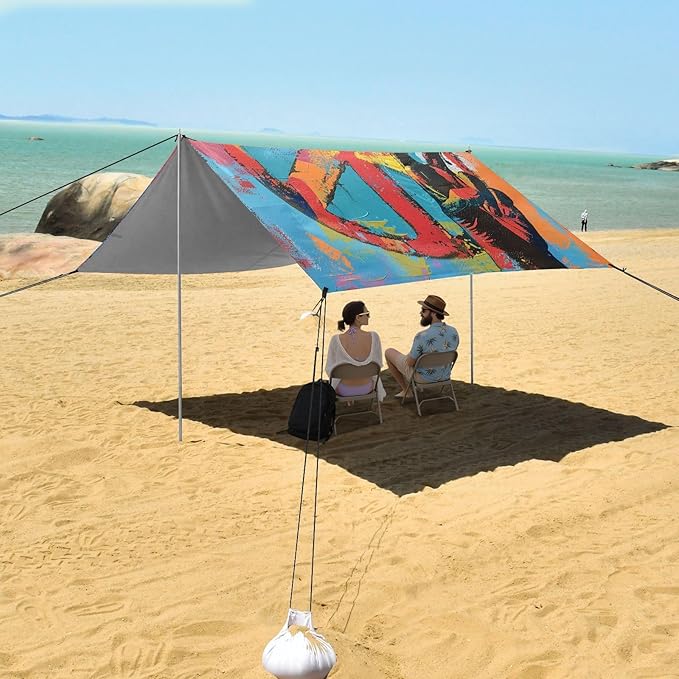 ALAZA Peace Sign Gesture Painting Beach Tent Sun Shelter UPF50+ Protection Beach Shade Canopy w/ 4 Sandbags for Outdoor Camping Fishing Backyard Fun Picnic 10x9 ft