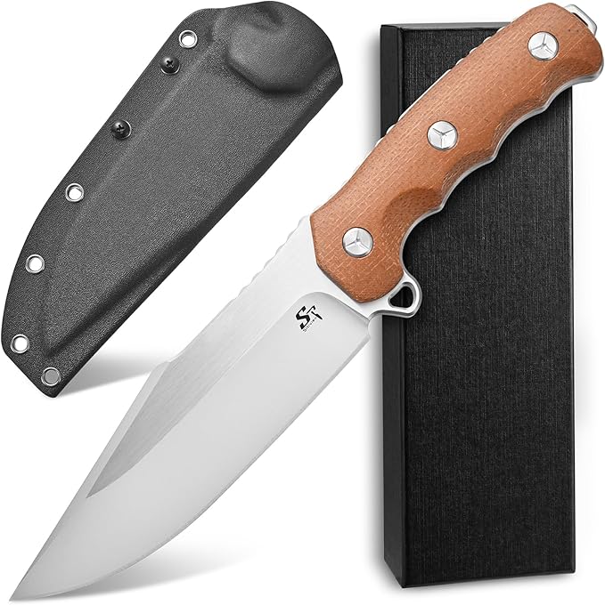 Sitivien ST30 Fixed Blade Knife Sleipner Brushed Steel Blade Micarta Handle Full Tang EDC Straight Knife for Camping Hunting Fishing(Brown)