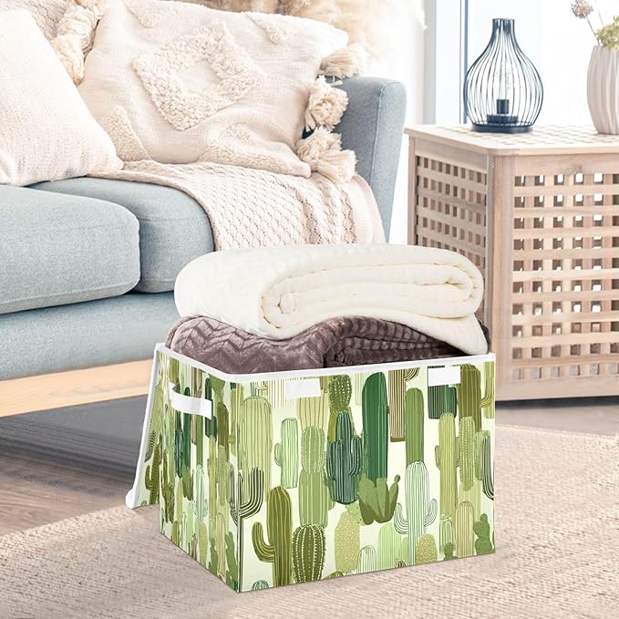Storage Bins with Lids Storage Containers Box Organizer Bin Basket with Handles for Closet Shelves Clothes Stackable Foldable Decorative Green Line Cacti