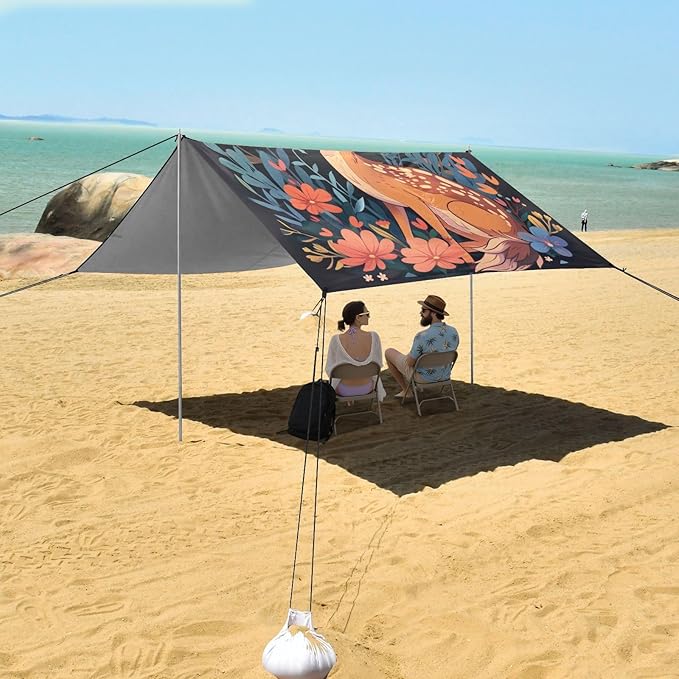 ALAZA Cute Deer with Awesome Flowers Cartoon -Seed 1713421452 Beach Tent Sun Shelter Portable Canopy Sunshade for Outdoor Camping Picnics Backyard Fun 10x9 ft