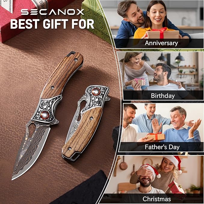 Damascus Pocket Knife Sharp 2.76 Copper Damascus Steel Blade and Wooden Handle Folding Knives for EDC Outdoor Camping Hiking Collection
