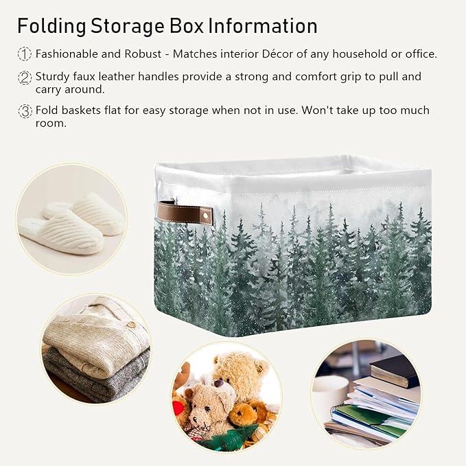 Winter Pine Forest Tree Storage Basket with Waterproof Liner and PU Handles Christmas Snow Scene Storage Bins Boxes 14.2 Collapsible Decorative Organizer Baskets for Bedroom Closet Office 2 Pack