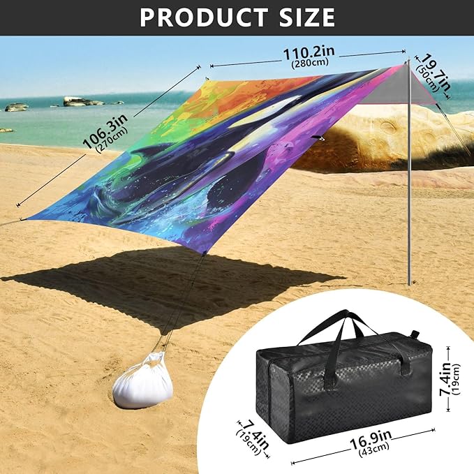 ALAZA Killer Whale Portrait Rainbow Beach Tent Sun Shelter UPF50+ Protection Beach Shade Canopy w/ 4 Sandbags for Outdoor Camping Fishing Backyard Fun Picnic 10x9 ft
