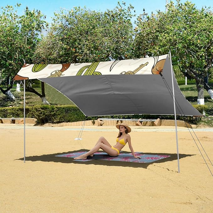 Beach Canopy with Windproof Ropes &amp Sandbags Beach Tent Sun Shade Sun Shelter for Camping Trips Fishing Backyard Fun or Picnics Cowboy Hat