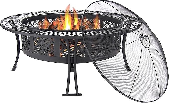 Sunnydaze 40-Inch Round Steel Fire Pit Table with Durable Spark Screen and Poker - Portable Design - Black - Diamond Weave