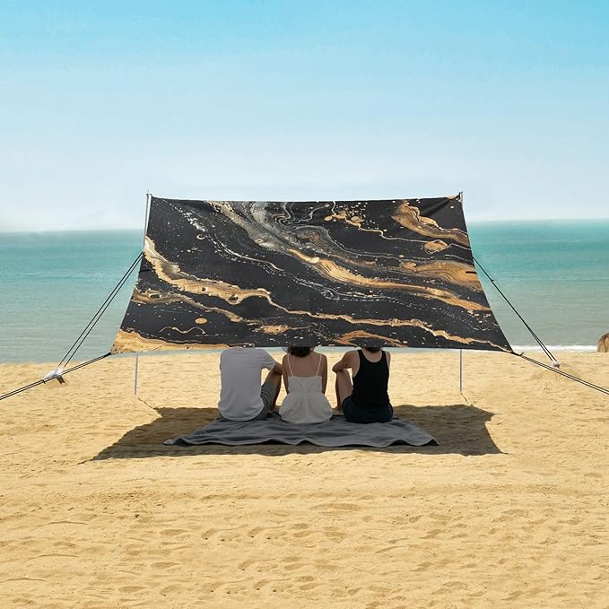 ALAZA Golden Marble on Black Beach Tent Sun Shelter Portable Canopy Sunshade for Outdoor Camping Picnics Backyard Fun 10x9 ft