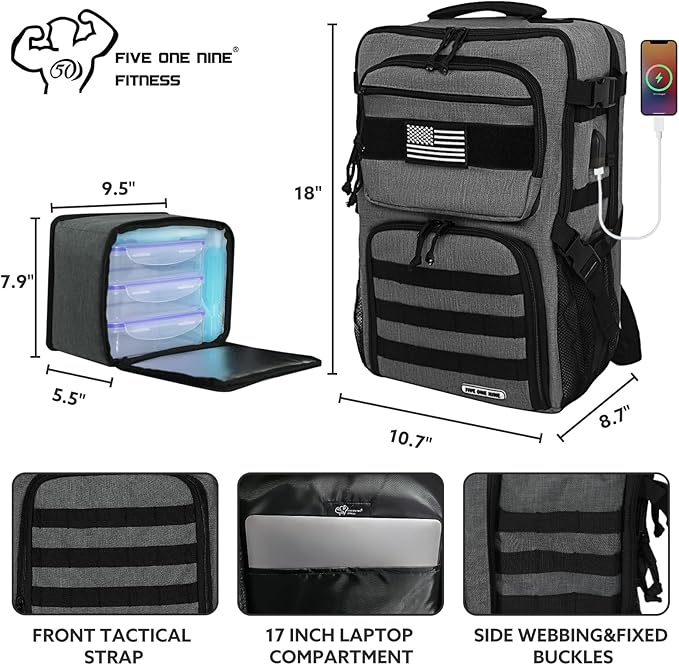 519 Fitness [Tactical All-Around] Modular Meal Prep Backpack - Stealth Grey - Fits 17 Laptop - Removable Meal Part Hydration Bladder 3 Containers 2 Ice Packs &amp US Flag Patch