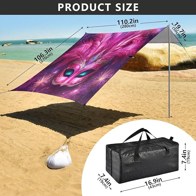 Carnival Masquerade Mask Mardi Gras Beach Tent Sun Shelter Set UPF50+ UV Protection 10.5 x 9.19 FT Camping Shade Canopy with Sandbags Sand Anchors Carrying Bag and Others