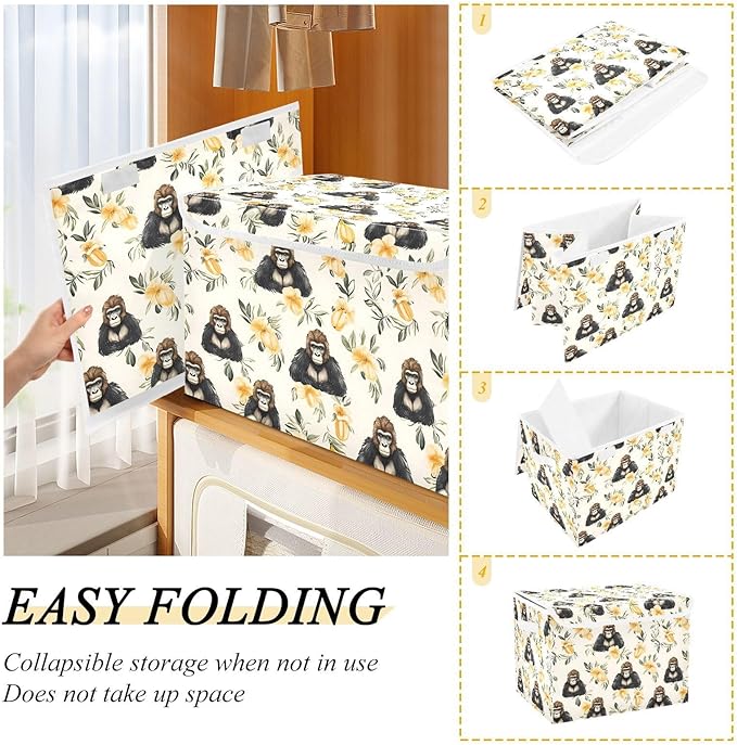 Storage Cube with Lid Cute Gorilla Print 16.5×12.6×11.8 IN 1 Pack Collapsible Large Capacity Foldable Storage Basket Bin Organizer
