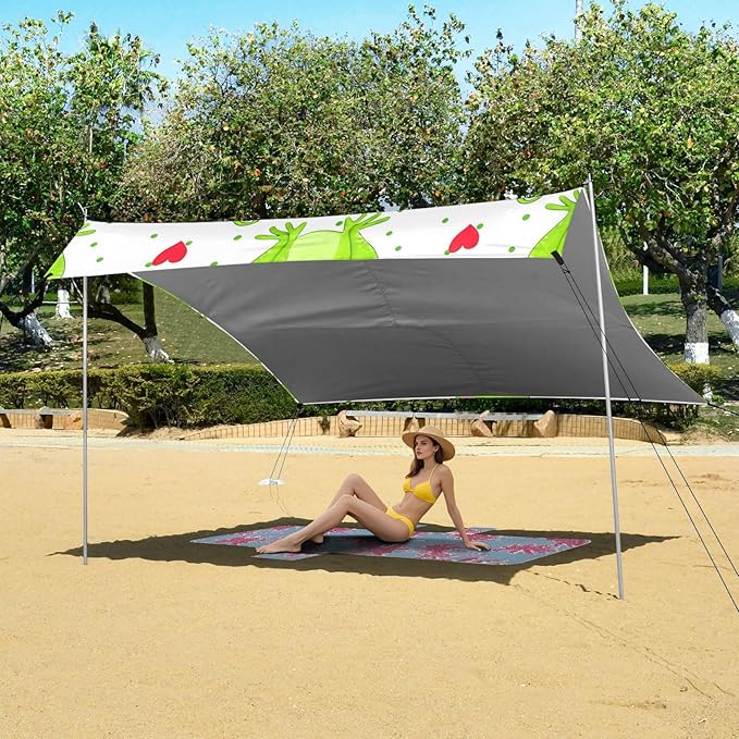 Beach Canopy with Windproof Ropes &amp Sandbags Beach Tent Sun Shade Sun Shelter for Camping Trips Fishing Backyard Fun or Picnics Frog