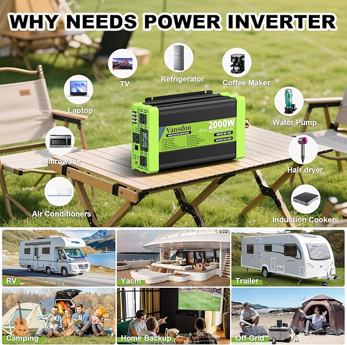 2000W Pure Sine Wave Inverter 12V DC to 120V AC Inverters for RVTruck Solar Home Off-Grid Car Power Inverter with LCD Display 3 AC Outlet 30W USB-C USB Remote Control Surge 4000W