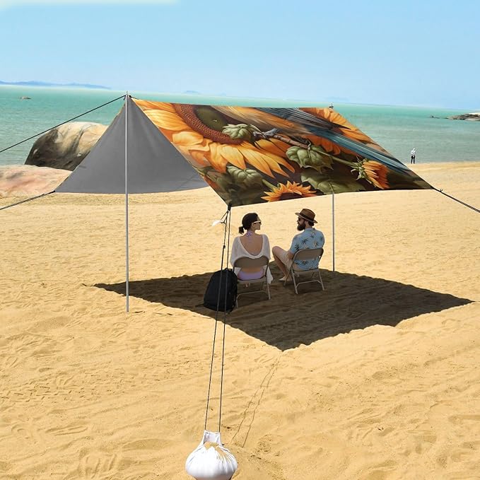 ALAZA Sunflower Bird Titmouse Beach Tent Sun Shelter Portable Canopy Sunshade for Outdoor Camping Picnics Backyard Fun 10x9 ft