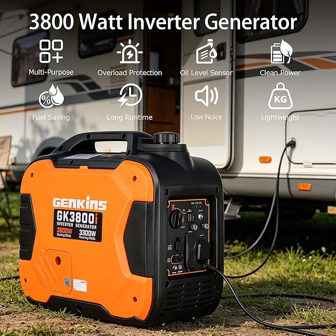 GENKINS Portable Inverter Generator 3800 Watt Gas Generato Super Quiet with Parallel Capability for RV Ready Camping Outdoor EPA Compliant