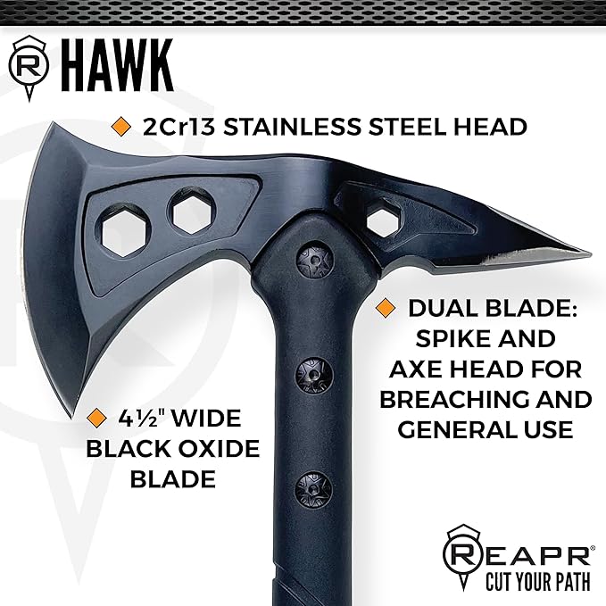 Reapr Tactical Hawk 7 Dual-Blade Throwing Axe – Survival Tomahawk with Spike &amp Axe Head Stainless Steel Nylon-Fiberglass Handle Belt Sheath – Camping Hunting Wood Splitting Gift for Outdoor