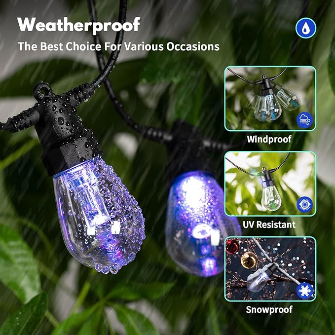 50ft Outdoor String Lights Color Changing - Patio Lights Outdoor Waterproof with 20 Dimmable RGBW Bulbs Shatterproof Music Mode Connectable Remote &amp App Control for Halloween Christmas