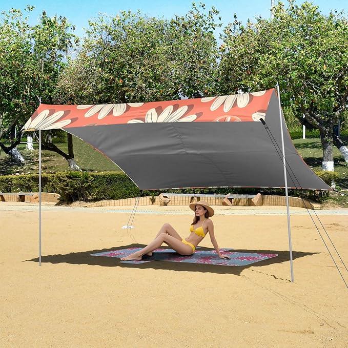 ALAZA Daisy Flower Peace Symbol Beach Tent Sun Shelter UPF50+ Protection Beach Shade Canopy w/ 4 Sandbags for Outdoor Camping Fishing Backyard Fun Picnic 10x9 ft