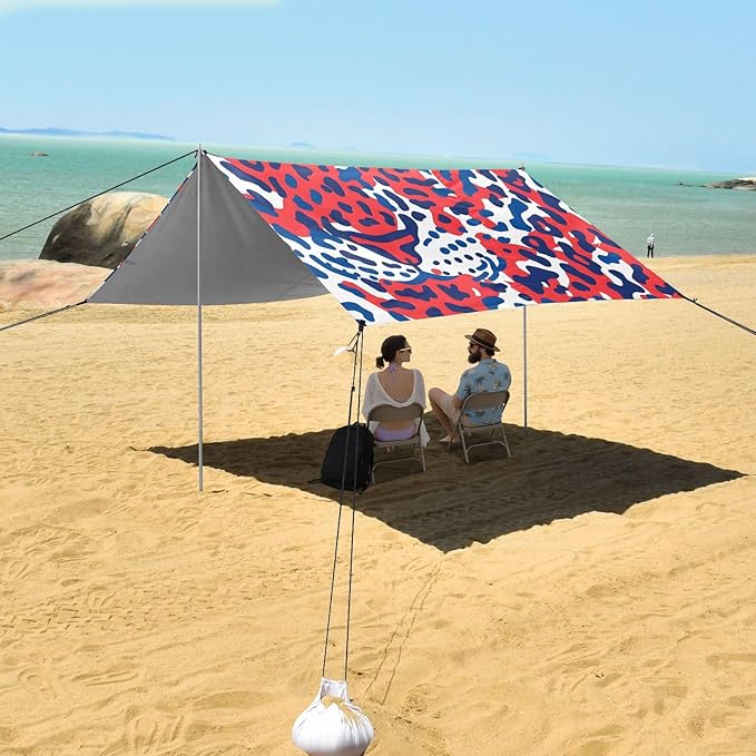 ALAZA Red &amp Blue Leopard Cheetah Print Beach Tent Sun Shelter UPF50+ Protection Beach Shade Canopy w/ 4 Sandbags for Outdoor Camping Fishing Backyard Fun Picnic 10x9 ft