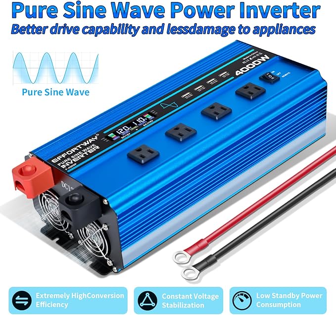 4000w Pure sine Wave Inverter DC 12V to AC 110V/120V Converter 8000w (Peak) with LCD Display Wireless/Wired Remote Control 4AC outlets and 4USB.Ideal for Camping RV Travel Off-Grid Solar Systems