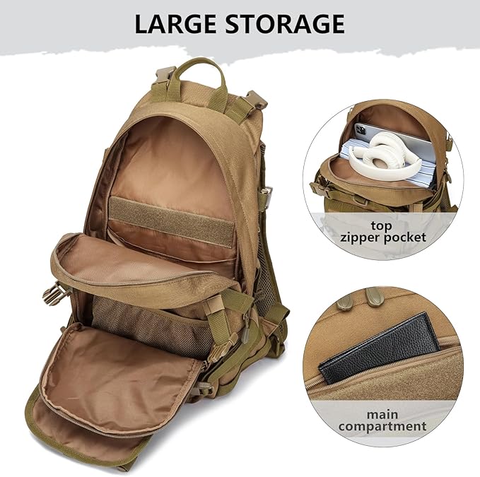 25L Small Tactical Backpack For Men Military Waterproof Backpack With Multiple Pockets 3-Day Bug Out Bag Molle Military Backpacks For Camping Hiking Traveling (Khaki)