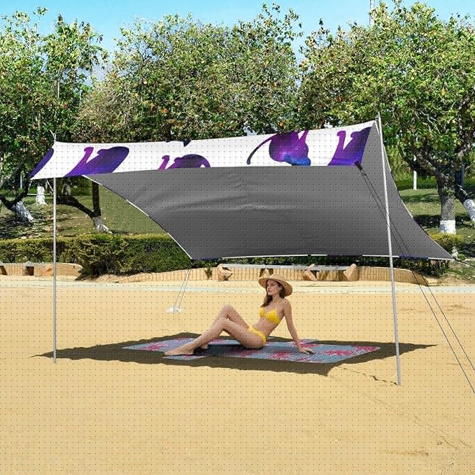 xigua Cat Pattern Beach Tent Sun Shelter with Carrying Bag - Silver Coated Oxford Fabric Beach Canopy for Beach Camping Fishing - Includes Windproof Ropes Sandbags &amp Stakes