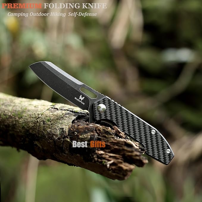 Folding Pocket Knife - 3.54'' CPM S35VN Black Steel Blade Carbon Fiber Ergonomic Handle - Camping Outdoor Self-Defense &amp Protection EDC Knife Men &amp Women Best Gifts