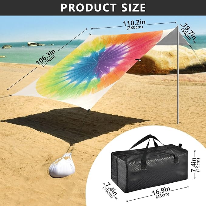 Darkorchid Tie Dye Background Rainbow Colors Tie-dye Pattern Beach Cabana Tent UPF50+ Waterproof Large Portable Sun Shelter with Sandbags &amp Sand Shovel for Camping Picnics Backyard