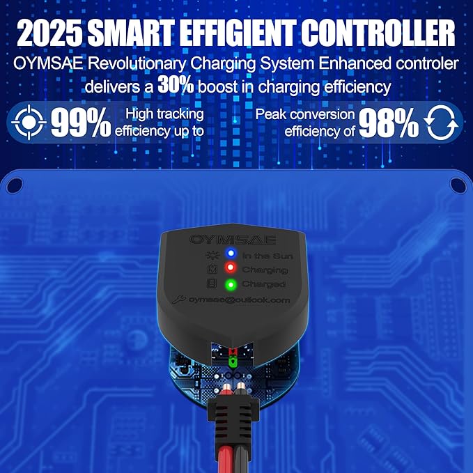 OYMSAE 12V 7.5W Solar Trickle Charger &amp Maintainer - Waterproof Battery Charger with Smart Controller for Car Boat RV Truck Marine - Includes Cigarette Plug &amp Alligator Clips