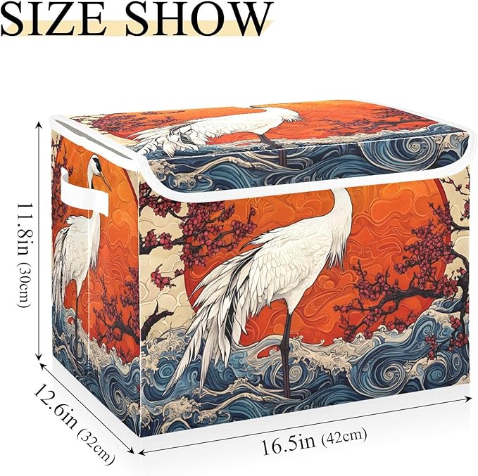 Collapsible Storage Bins Crane Waves Cherry with Lids &amp Handles Foldable Storage Boxes Basket with Flip-Top Lid for Home Office 16.5” x 12.6” x 11.8”
