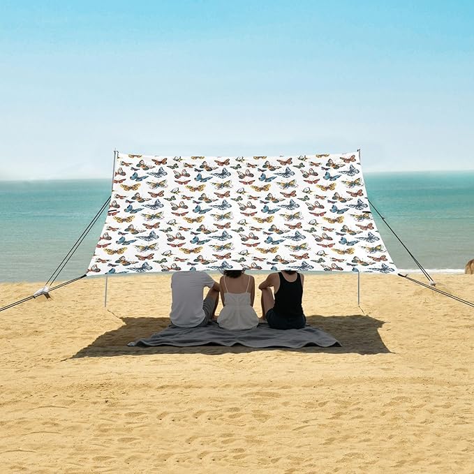 ALAZA Colorful Butterflies Beach Tent Sun Shelter UPF50+ Protection Beach Shade Canopy w/ 4 Sandbags for Outdoor Camping Fishing Backyard Fun Picnic 10x9 ft