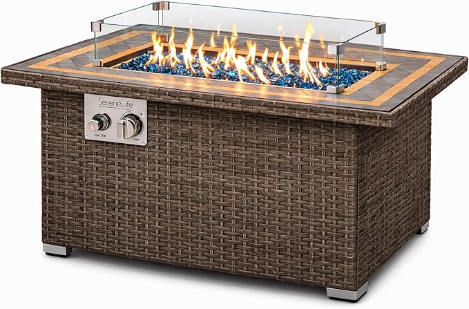 SereneLife Outdoor Propane Fire Pit Table 50000 BTU Wicker Gas Firepit with Tile Tabletop with Glass Wind Guard and Decorative Glass Stones CSA Certified Weatherproof Cover 43x27x25