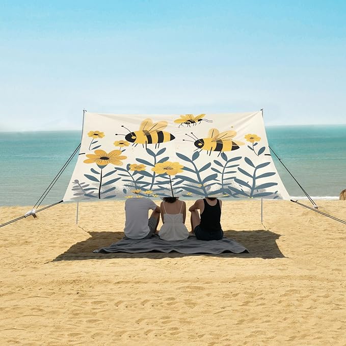 ALAZA Bee Flowers Beach Tent Sun Shelter UPF50+ Protection Beach Shade Canopy w/ 4 Sandbags for Outdoor Camping Fishing Backyard Fun Picnic 10x9 ft