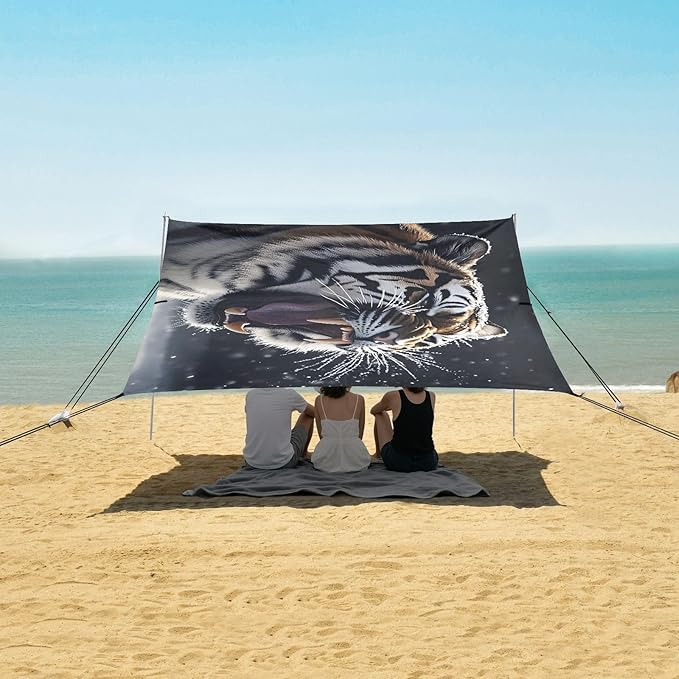 ALAZA Roaring Tiger Beach Tent Sun Shelter UPF50+ Protection Beach Shade Canopy w/ 4 Sandbags for Outdoor Camping Fishing Backyard Fun Picnic 10x9 ft