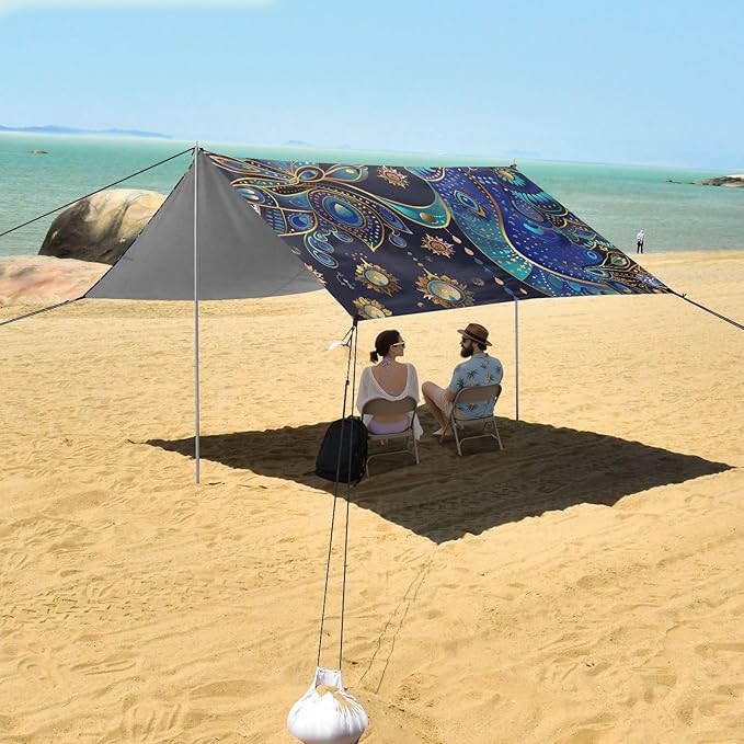 ALAZA Boho Astrology Peacock Beach Tent Sun Shelter Portable Canopy Sunshade for Outdoor Camping Picnics Backyard Fun 10x9 ft