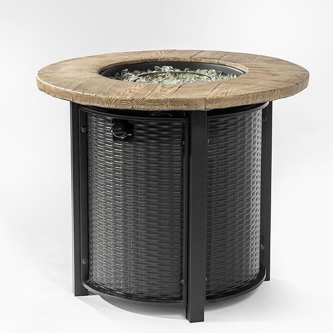 30'' Concrete Round Gas Fire Pit 50000 BTU Steel Outdoor Fire Tables Fire Table with Lid Add Warmth &amp Ambience to Gatherings and Parties On Patio Deck Garden Backyard.