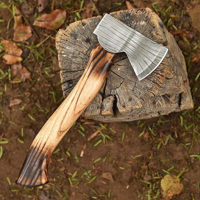 Nesmo - 013 Handmade Damascus Steel Hatchet Axe with Ash Wood Handle – Mini Axe with Leather Sheath. Forged Camping Axe Outdoor Survival Tool Bushcraft Wood Chopping &amp Collectible Gift