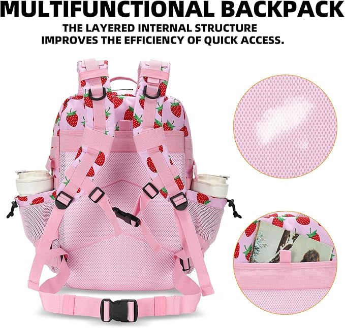 Lovelinks21 25L Tactical Military Backpack Small Travel Rucksack for Men and Women Assault Pack Bug Out Bag Molle Daypack Gym Backpack with Bottle Holder (Strawberry)