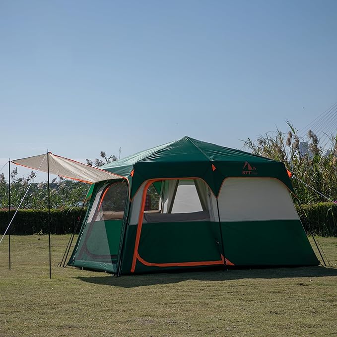 KTT Extra Large Tent 6-10-12-14 Person(A)Family Cabin Tents2 Rooms3 Doors and 3 Windows with MeshStraight WallWaterproofDouble LayerBig Tent for OutdoorPicnicCampingFamily Gathering