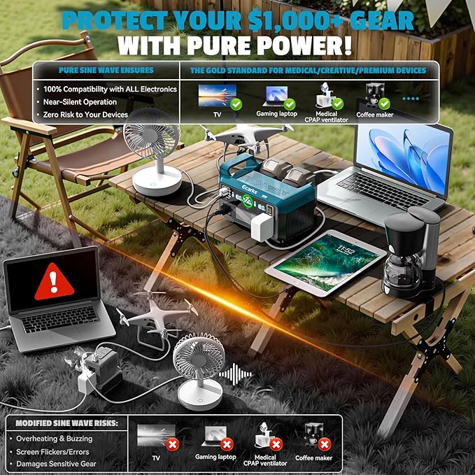 Ecarke 550W Portable Power Inverter Compatible with Makita 18V Battery DC 18V to AC 110V Pure Sine Wave Power Station 2 AC Outlets2 USB-A&amp1 USB-C 20W 600LM LED Outdoor Emergency Use(No Battery)