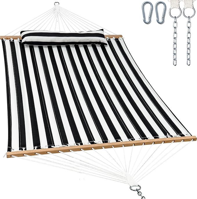 GAFETE Hammock 2 Person Quilted Fabric Hammocks for Outside Double 12ft Hammocks with Spreader Bar Large Removable Pillow Storage Bag Carabiners Max 475 lbs Capacity (Black White)