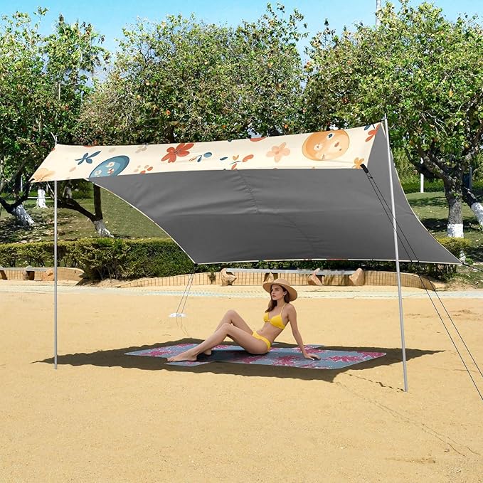 Easter Eggs Cute Flowers Beach Tent Sun Shelter Set UPF50+ UV Protection 10.5 x 9.19 FT Camping Shade Canopy with Sandbags Sand Anchors Carrying Bag and Others
