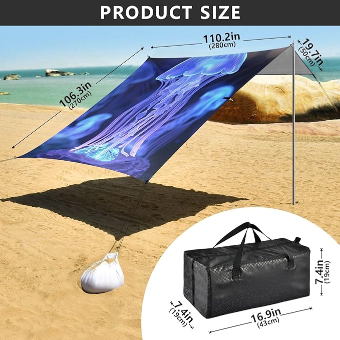 ALAZA Magic Glowing Ocean Jellyfish Beach Tent Sun Shelter Portable Canopy Sunshade for Outdoor Camping Picnics Backyard Fun 10x9 ft