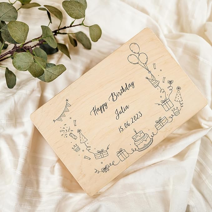 Creative Deco Personalized Wooden Storage Box Birthday Box | 11.8x7.87x5.51in (+-0.5) | Minimalistic Design | Hinged Lid Handles &amp Engraving | Birthday Gift Box | UNSANDED Keepsake Memory Souvenir