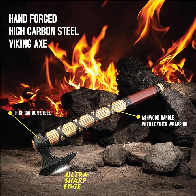 Viking Axe of Ragnar Lothbrook Carbon Steel Blade Rosewood Handle Camping Axe Viking Axes Hatchet Real Tomahawk Gift Wood Splitting Axe Birthday Gift with Premium Leather Sheath