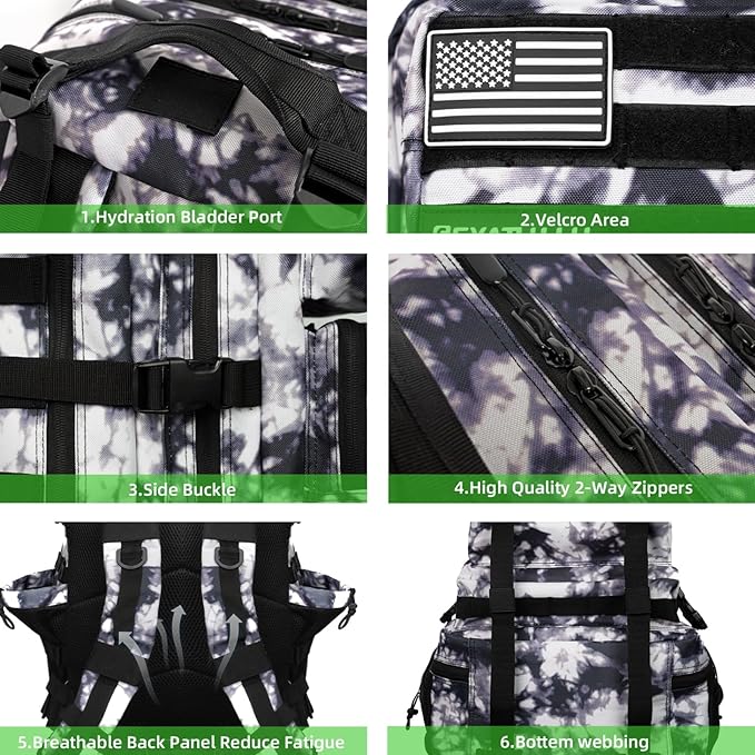 Military Tactical Backpack 55L for Men &amp Women Bug Out Bag Assault pack Molle Daypack Hiking Trekking Rucksack (Black and white tie dye)