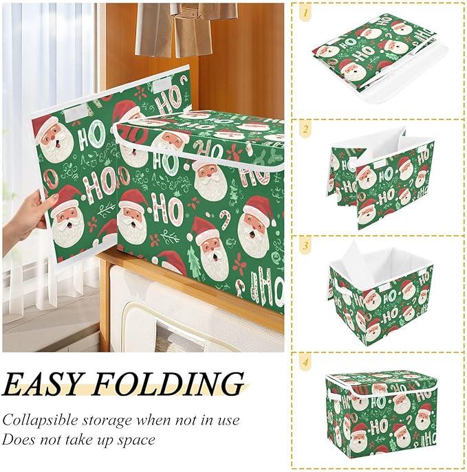 Christmas Santa Claus Green Storage Box with Lid 1 PC Foldable Storage Bin with Lids Stackable Storage Bins Cube Closet Organizer Basket with Flip-Top Lid &amp Handles for Shoes Books Towels