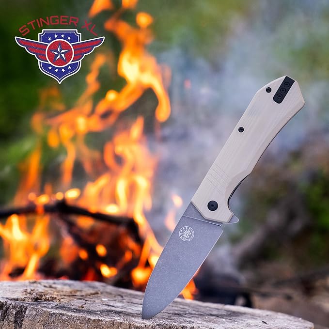Off-Grid Knives - STINGER XL Folding Knife 154CM Steel Full Flat Grind G10 Scales Ceramic Bearings Drop-Shut Action Deep Pocket Clip Left or Right Hand Carry Camping &amp Tactical Use (Coyote