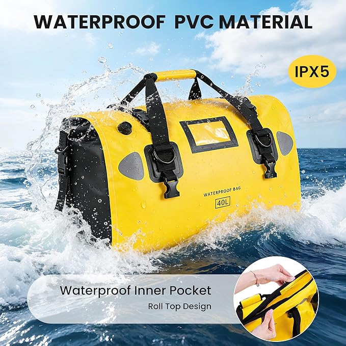 HOMIEE 40L Waterproof Duffel Bag Waterproof Motorcycle Dry Trave Bag Tail Bag with Roll Top Closure &amp Shoulder Straps Outer Mesh Zipper Pocket for Camping Kayaking Fishing &amp Traveling